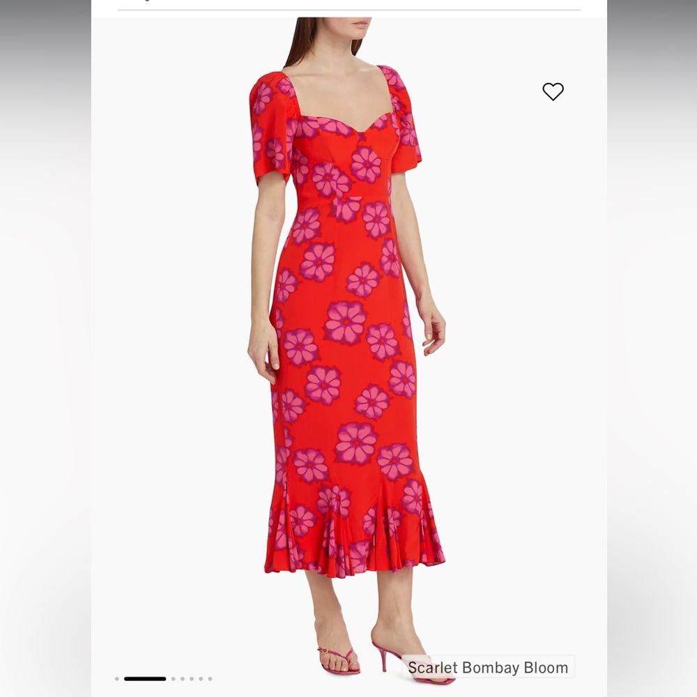 RHODE Red and Pink Ruffled Midi Dress with Puff Sleeves - Picture 4 of 10